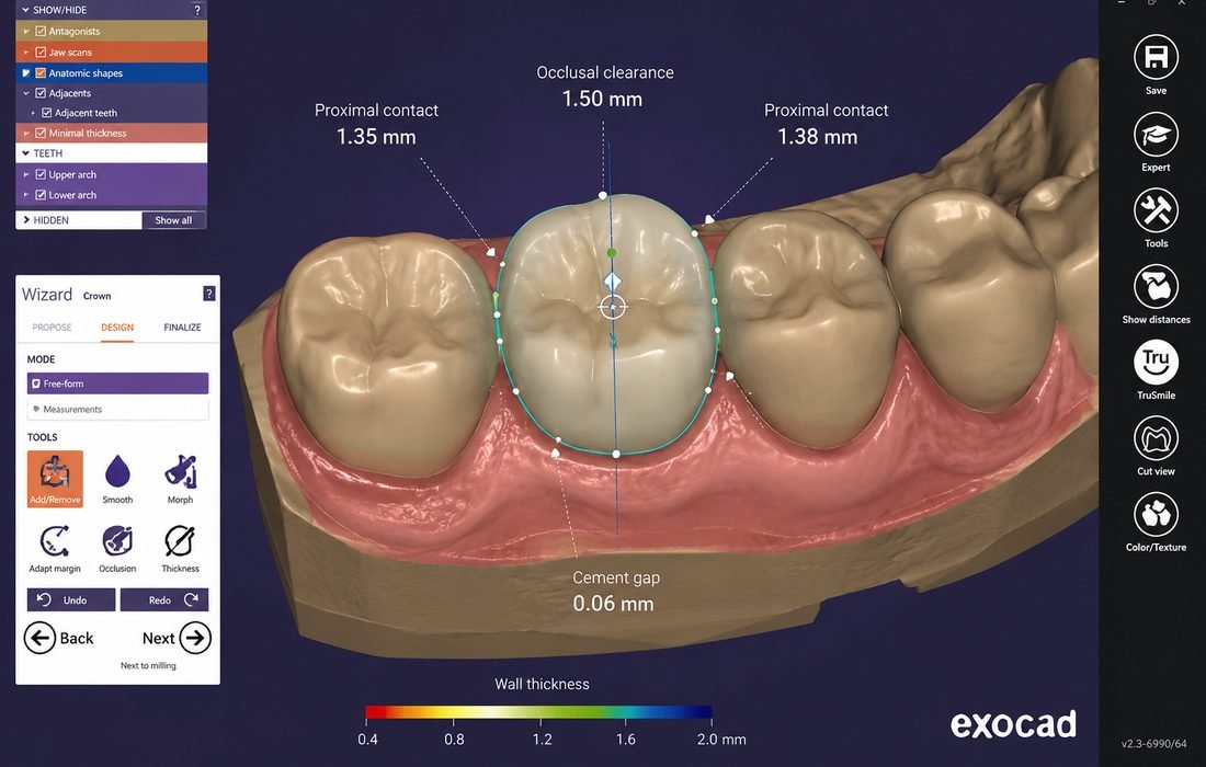 Crown and bridge CAD design showing occlusal clearance, proximal contact, cement gap, and wall thickness measurements