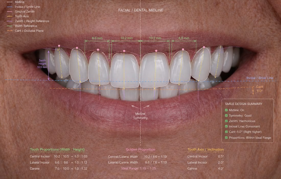 Digital smile design planning with facial midline, incisal line, tooth axis, proportions, and esthetic analysis