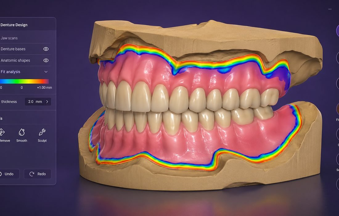 Digital denture design with denture base, anatomic teeth, fit analysis, and thickness control